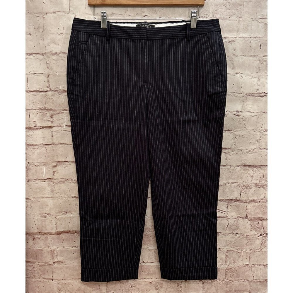 TALBOTS Petites Signature Pinstripe Dress Pant Size 12P Cropped Cuffed Dark Navy